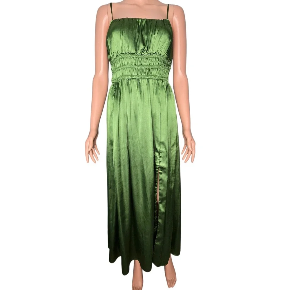 Abercrombie & Fitch Olive Green Satin Smocked Maxi Dress Slit Formal M Medium
